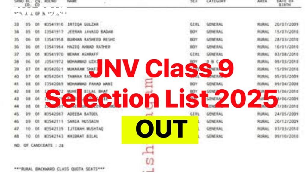 JNV Class 9 Selection List 2025 (OUT) - Navodaya 9 Class Selection List & Cut Off @navodaya.gov.in